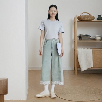 温碧霞自创IRENENA服装春季新款蓝色阔腿牛仔裤